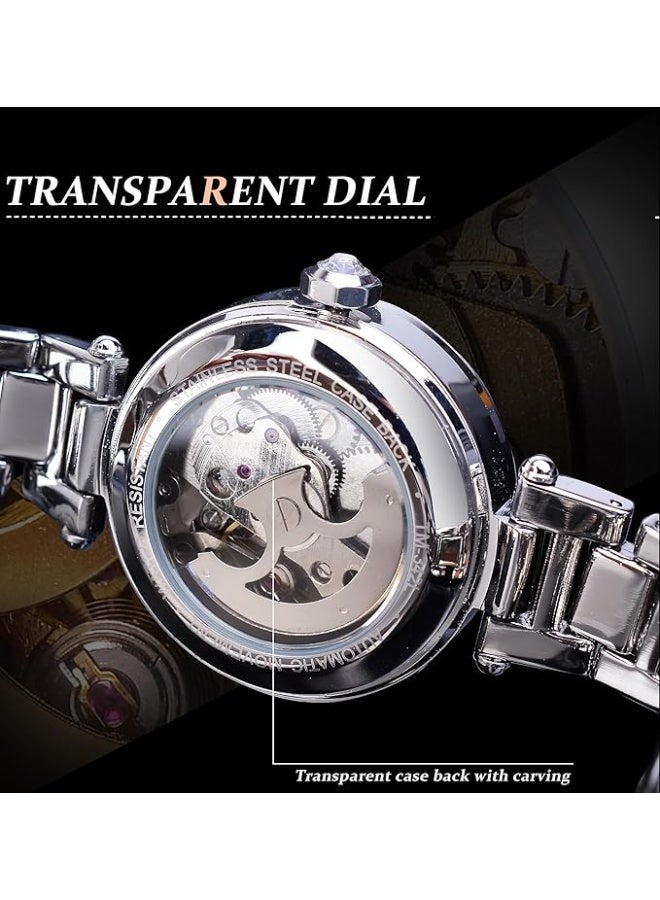FORSINING Women Automatic Mechanical Watches Skeleton Steampunk Watch with Diamond and Carving Flower Craft Cold Watch for Women Minimalist Retro Design Mechanical Skeleton Wrist Watch - Image 4